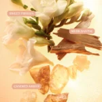 Freedom Musk Santal | 34 flat lay with white flowers, amber resin and vanilla pods