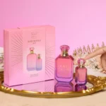 Fleur Majesty Rose Royale Set box with the 50ml bottle and 10ml travel spray on a gold tray