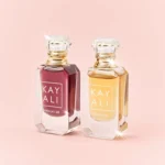 Vanilla Musk Mini Duo two miniature bottles standing side by side on pink