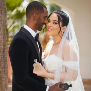 The Wedding Duo Set (Silk Santal, Velvet Santal) bride and groom embracing on their wedding day