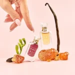 Hand reaching for the Vanilla Musk Mini Duo minis among amber resin, a vanilla pod and a green sprig